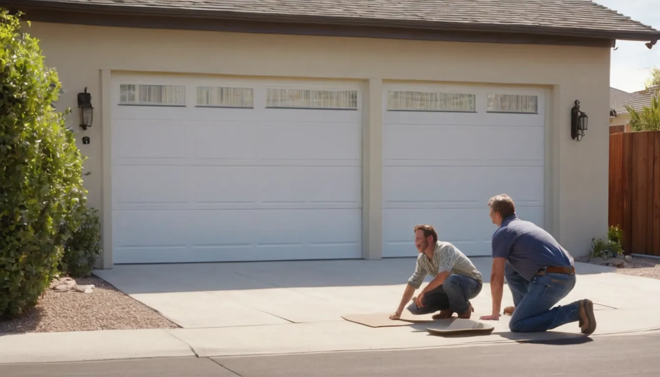 A local garage door provider checking the springs and track of a home garage door in Long Beach